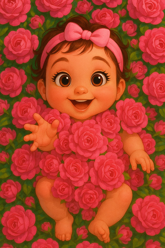 تصویرسازی کودک خندان در میان گل های رز صورتی