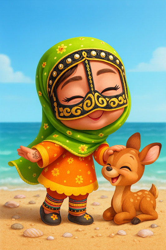 تصویرسازی دختر بچه جنوبی با لباس محلی کنار دریا