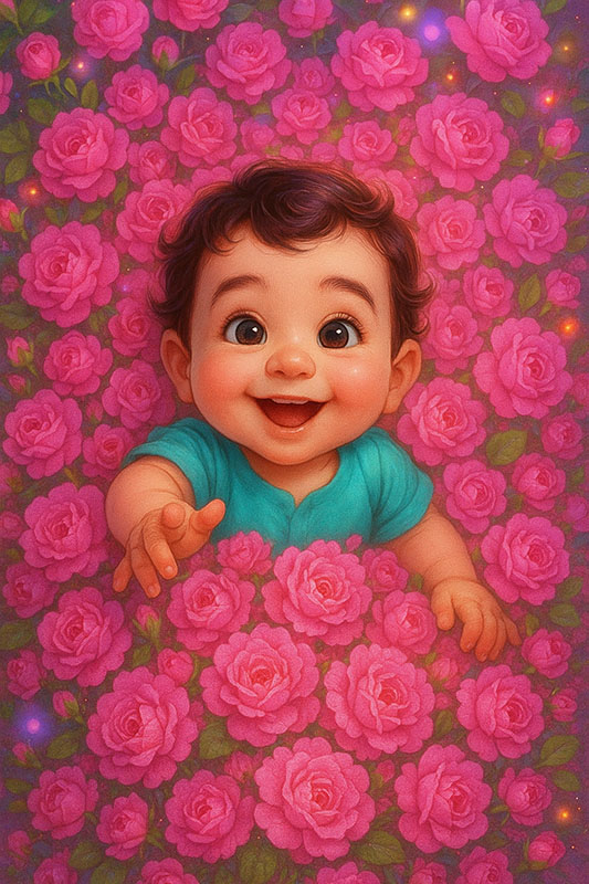 تصویرسازی نوزاد خندان میان گل های محمدی