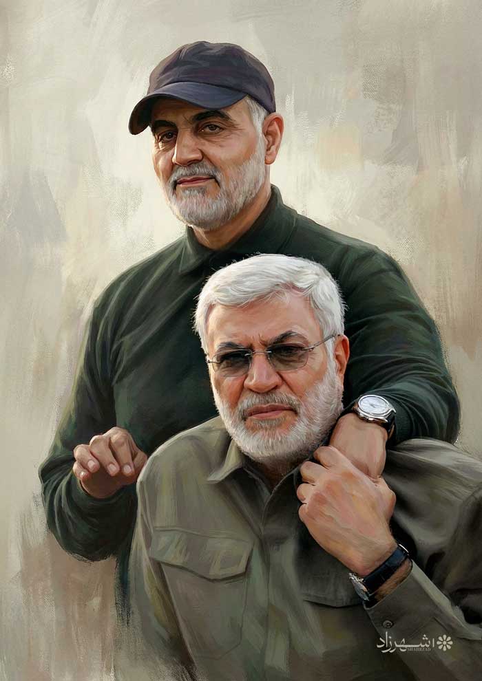 نقاشی شهید حاج قاسم سلیمانی و شهید ابومهدی المهندس