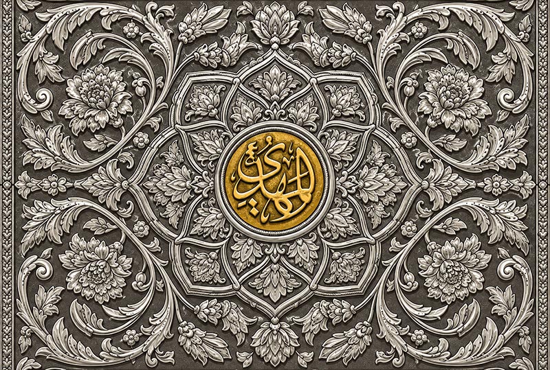 طرح اسلیمی نقره کاری ایرانی نام مبارک حضرت مهدی عج الله تعالی فرجه الشریف