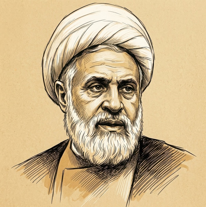 نقاشی سیاه قلم از شیخ نعیم قاسم دبیر کل حزب الله لبنان