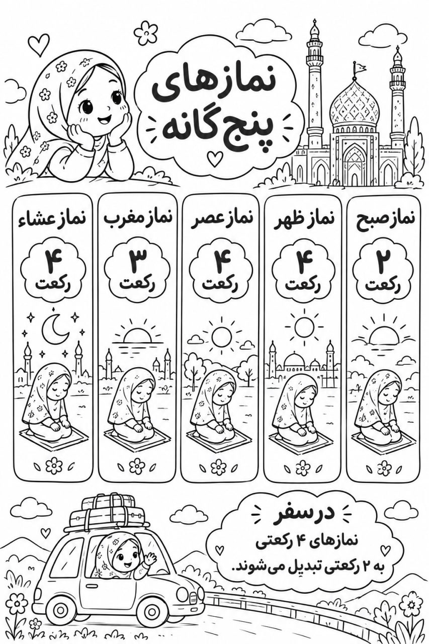 کاربرگ تعداد رکعت نمازهای پنجگانه(دخترانه)