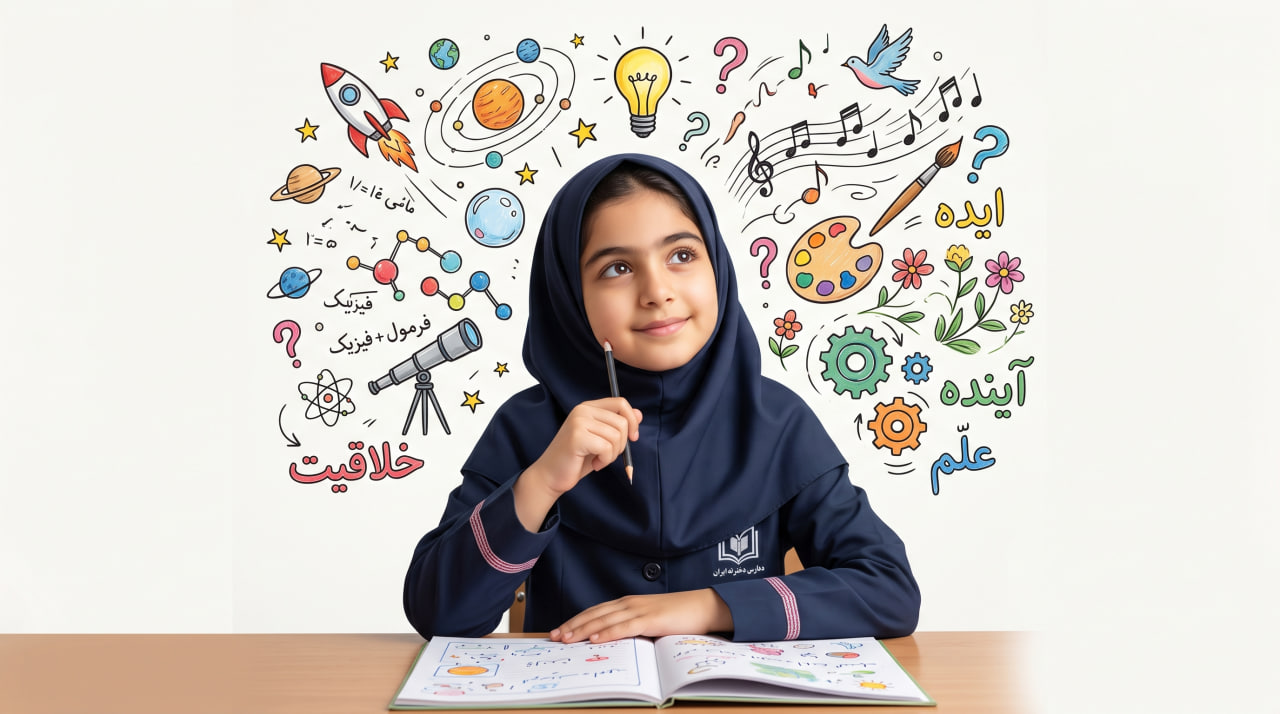 تصویرسازی دختر دانش آموز در دنیای خیال و خلاقیت