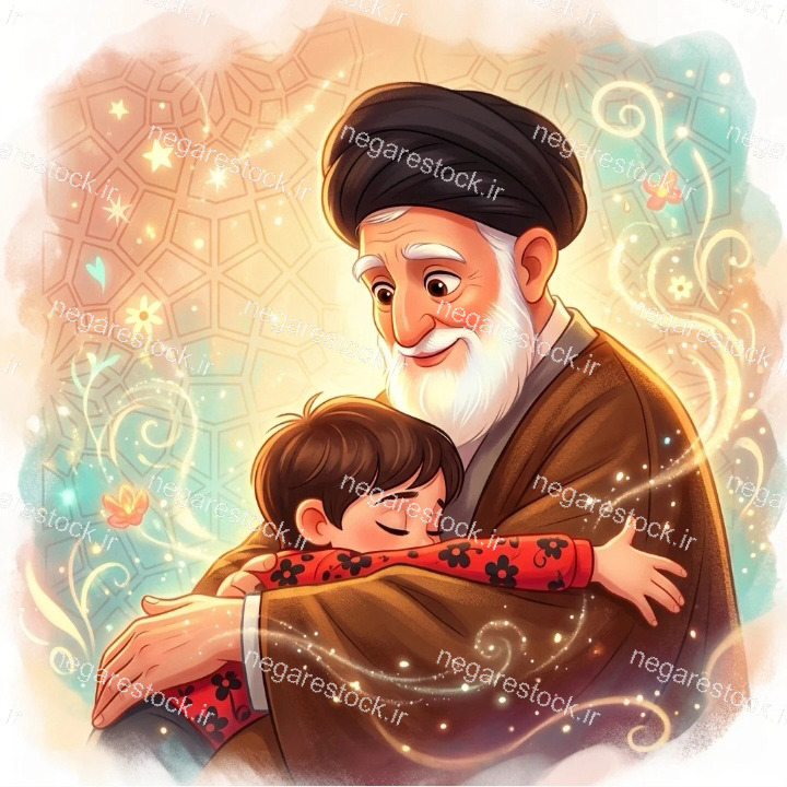 فرزند شهید در آغوش رهبر شهیدم پدر امت امام خامنه ای