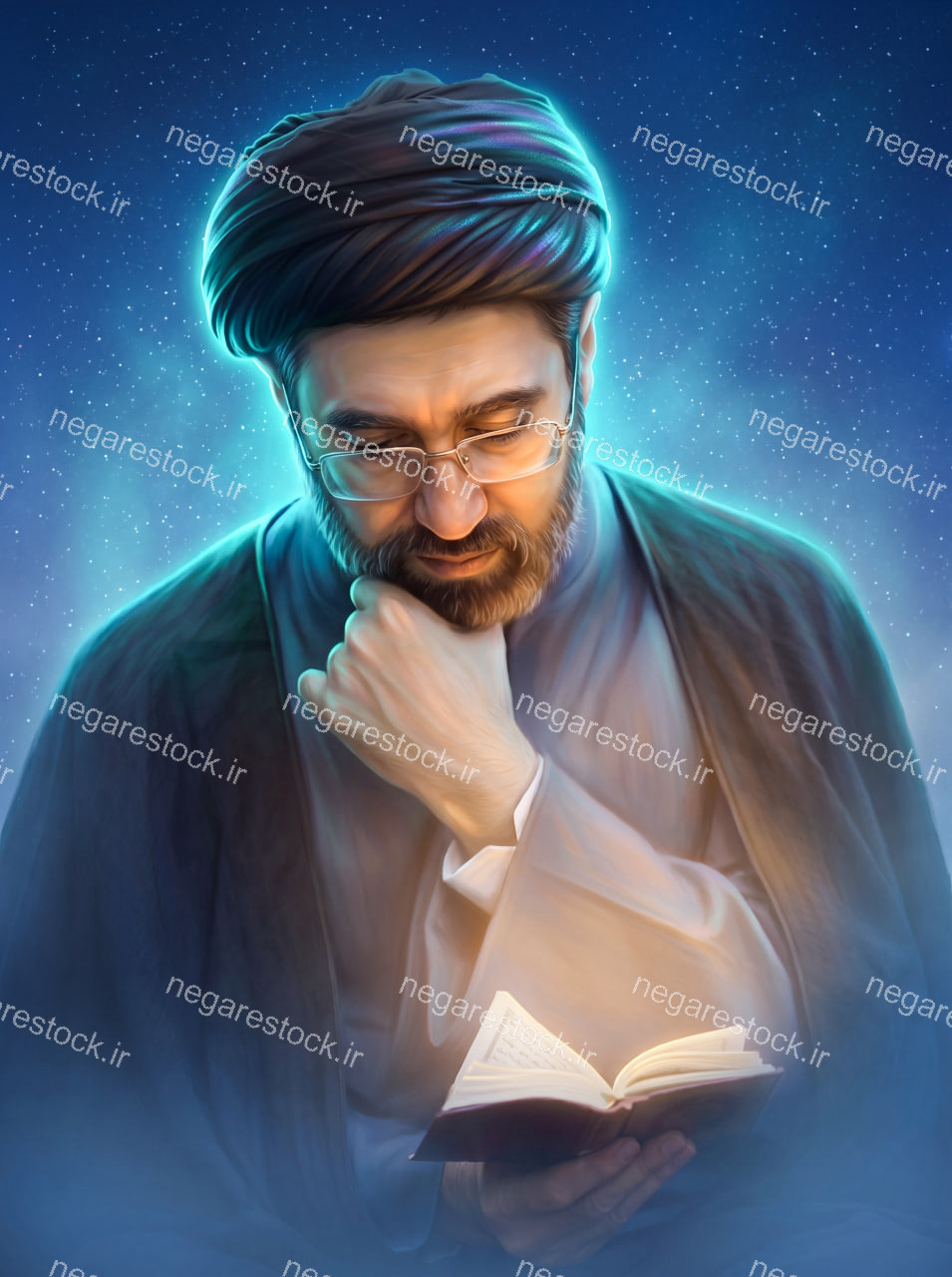 پوستر آیت الله سید مجتبی خامنه ای در حال مطالعه قرآن