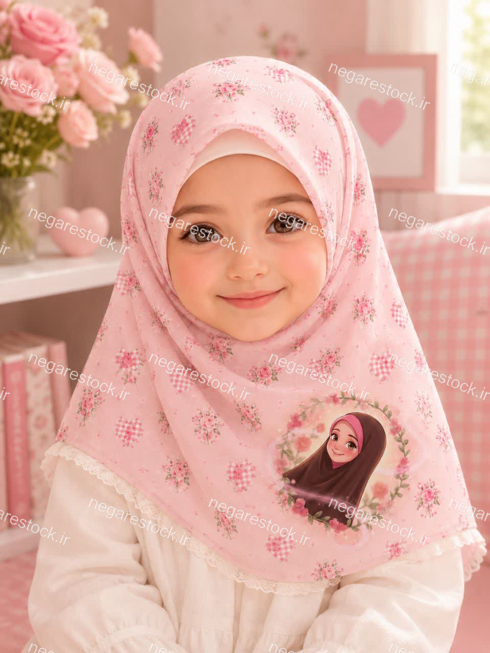 طرح آماده تولید روسری صورتی گلگلی کارتونی دختر چادری