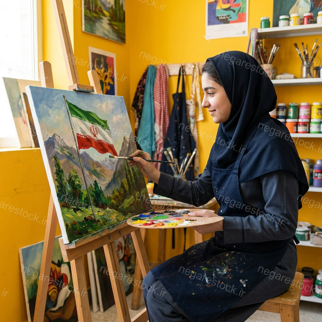 تصویر دانش آموز دختر در حال کشیدن نقاشی روی بوم